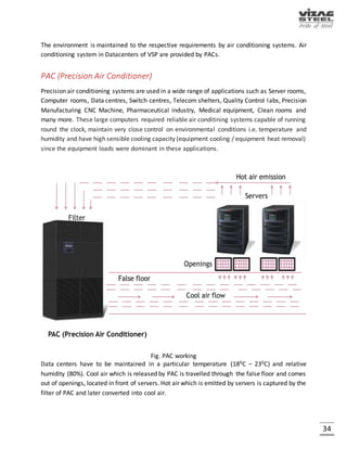 34
MANAGING DATA CENTRES
The management of the Data Centre which houses all the hardware components and few of the
networking tools require the two basic things
 Power supply
 Cooling
 Backup
POWER SUPPLY
Power for the data centers in VSP are from two main sources.
 TPP (Thermal Power Plant)
 APSEB (Andhra Pradesh State Electrical Board)
The uninterrupted power supply (UPS) unit is used as stand by power supply during interruption
of regular power supply due to load shedding, power failure, power fluctuations etc. The UPS
provides a reliable and stable power to the equipments/systems sensitive to power variations
and interruptions. It functions as voltage stabilizer and at the same time it isolates the
equipment/systems from the power lines.
The UPS consists of a battery charger an inverter, output transformer, a set of batteries, control
circuits and transient/EMI filters. Data centers are operated even in the absence of power failure
with the help of batteries for an hour. The power sources can be altered by using bus coupler.
Fig. Uninterrupted Power Supply
 