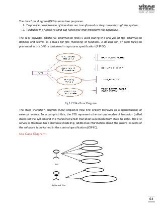 64
The data flow diagram (DFD) serves two purposes:
1. To provide an indication of how data are transformed as they move through the system.
2. To depict the functions (and sub functions) that transform the data flow.
The DFD provides additional information that is used during the analysis of the information
domain and serves as a basis for the modeling of function. A description of each function
presented in the DFD is contained in a process specification (PSPEC).
Fig.1.2.Data Flow Diagram
The state transition diagram (STD) indicates how the system behaves as a consequence of
external events. To accomplish this, the STD represents the various modes of behavior (called
states) of the system and the manner in which transitions are made from state to state. The STD
serves as the basis for behavioral modeling. Additional information about the control aspects of
the software is contained in the control specification (CSPEC).
Use Case Diagram:
User
Authorized User
 