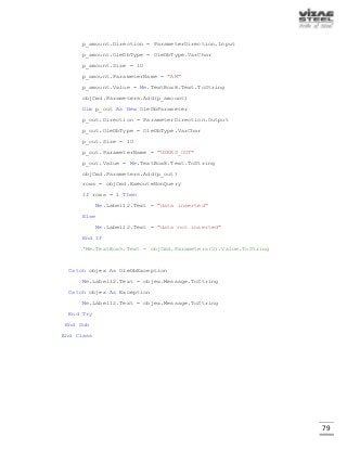 79
p_amount.Direction = ParameterDirection.Input
p_amount.OleDbType = OleDbType.VarChar
p_amount.Size = 10
p_amount.ParameterName = "AM"
p_amount.Value = Me.TextBox8.Text.ToString
objCmd.Parameters.Add(p_amount)
Dim p_out As New OleDbParameter
p_out.Direction = ParameterDirection.Output
p_out.OleDbType = OleDbType.VarChar
p_out.Size = 10
p_out.ParameterName = "USERS_OUT"
p_out.Value = Me.TextBox8.Text.ToString
objCmd.Parameters.Add(p_out)
rows = objCmd.ExecuteNonQuery
If rows = 1 Then
Me.Label12.Text = "data inserted"
Else
Me.Label12.Text = "data not inserted"
End If
'Me.TextBox5.Text = objCmd.Parameters(0).Value.ToString
Catch objex As OleDbException
Me.Label12.Text = objex.Message.ToString
Catch objex As Exception
Me.Label12.Text = objex.Message.ToString
End Try
End Sub
End Class
 