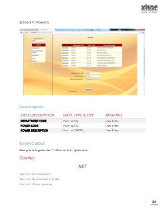80
Screen 4: Powers
Screen Inputs:
FIELD DESCRIPTION DATA TYPE & SIZE REMARKS
DEPARTMENT CODE Varchar2(6) User Entry
POWER CODE Varchar2(6) User Entry
POWER DESCRIPTION Varchar2(3000) User Entry
Screen Output:
New power is generated for the current department.
Coding:
.NET
Imports System.Data
Imports System.Data.OleDb
Partial Class powers
 