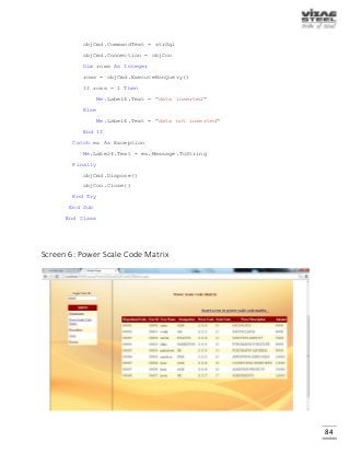 84
objCmd.CommandText = strSql
objCmd.Connection = objCon
Dim rows As Integer
rows = objCmd.ExecuteNonQuery()
If rows = 1 Then
Me.Label4.Text = "data inserted"
Else
Me.Label4.Text = "data not inserted"
End If
Catch ex As Exception
Me.Label4.Text = ex.Message.ToString
Finally
objCmd.Dispose()
objCon.Close()
End Try
End Sub
End Class
Screen 6: Power Scale Code Matrix
 