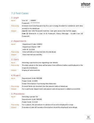 98
7.2 Test Cases
1. Login
Input: User Id : 100005
Password: **********
Processing: Entered User Id & Password by the user is being checked for validation with data
existed in the database.
Output: case 1) User Id & Password matches: User gets access into further pages.
Case 2) Mismatch in User Id & Password: Status Message - Invalid User Id/
Password.
2. Departments
Input: Department Code: 000012
Department Name: ERP
HOD ID: 222220
Processing: Entered fields are inserted into the database.
Output: Data inserted successfully.
3. Users
Input: Selecting a particular row regarding user details
Processing: The data values in the view will be taken from different tables and displayed in the
respective textboxes
Output: Display of selected data
4.Powers
Input: Department Code: 000008
Power Code: 123445
Power Description: Purchasing Raw Materials
Processing: Entered fields are inserted into the powers table of database
Output: For a particular department and power code new power is added successfully
5. Procedures
Input: Selecting a power for
Department Code: 000001
Power Code: 111110
Processing: For a power, the procedure to achieve it has to be displayed in steps
Output: Procedure Code & Procedure Description should be displayed accordingly
 