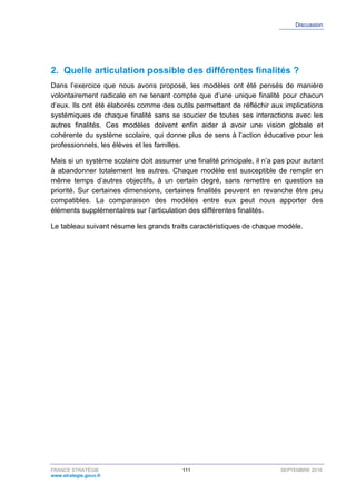Discussion
FRANCE STRATÉGIE 111 SEPTEMBRE 2016
www.strategie.gouv.fr
2. Quelle articulation possible des différentes finalités ?
Dans l’exercice que nous avons proposé, les modèles ont été pensés de manière
volontairement radicale en ne tenant compte que d’une unique finalité pour chacun
d’eux. Ils ont été élaborés comme des outils permettant de réfléchir aux implications
systémiques de chaque finalité sans se soucier de toutes ses interactions avec les
autres finalités. Ces modèles doivent enfin aider à avoir une vision globale et
cohérente du système scolaire, qui donne plus de sens à l’action éducative pour les
professionnels, les élèves et les familles.
Mais si un système scolaire doit assumer une finalité principale, il n’a pas pour autant
à abandonner totalement les autres. Chaque modèle est susceptible de remplir en
même temps d’autres objectifs, à un certain degré, sans remettre en question sa
priorité. Sur certaines dimensions, certaines finalités peuvent en revanche être peu
compatibles. La comparaison des modèles entre eux peut nous apporter des
éléments supplémentaires sur l’articulation des différentes finalités.
Le tableau suivant résume les grands traits caractéristiques de chaque modèle.
 