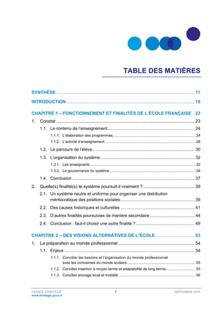 FRANCE STRATÉGIE 7 SEPTEMBRE 2016
www.strategie.gouv.fr
TABLE DES MATIÈRES
SYNTHÈSE............................................................................................................... 11
INTRODUCTION....................................................................................................... 19
CHAPITRE 1 – FONCTIONNEMENT ET FINALITÉS DE L’ÉCOLE FRANÇAISE .. 23
1. Constat ............................................................................................................... 23
1.1. Le contenu de l’enseignement.......................................................................... 24
L’élaboration des programmes.................................................................................241.1.1.
L’activité d’enseignement.........................................................................................281.1.2.
1.2. Le parcours de l’élève....................................................................................... 30
1.3. L’organisation du système................................................................................ 32
Les enseignants .......................................................................................................321.3.1.
La gouvernance du système....................................................................................341.3.2.
1.4. Conclusion........................................................................................................ 37
2. Quelle(s) finalité(s) le système poursuit-il vraiment ? ......................................... 39
2.1. Un système neutre et uniforme pour organiser une distribution
méritocratique des positions sociales............................................................... 39
2.2. Des causes historiques et culturelles ............................................................... 41
2.3. D’autres finalités poursuivies de manière secondaire ...................................... 44
2.4. Conclusion : faut-il choisir une autre finalité ?.................................................. 49
CHAPITRE 2 – DES VISIONS ALTERNATIVES DE L’ÉCOLE ............................... 53
1. La préparation au monde professionnel ............................................................. 54
1.1. Enjeux............................................................................................................... 54
Concilier les besoins et l’organisation du monde professionnel1.1.1.
avec les contraintes du monde scolaire...................................................................55
Concilier insertion à moyen terme et adaptabilité de long terme.............................551.1.2.
Concilier ancrage local et mobilité ...........................................................................561.1.3.
 