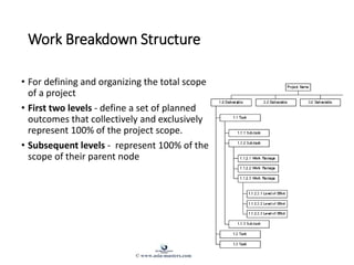 Work Breakdown Structure
• For defining and organizing the total scope
of a project
• First two levels - define a set of planned
outcomes that collectively and exclusively
represent 100% of the project scope.
• Subsequent levels - represent 100% of the
scope of their parent node
© www.asia-masters.com
 