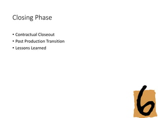 Closing Phase
• Contractual Closeout
• Post Production Transition
• Lessons Learned
 