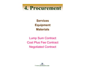 Services
Equipment
Materials
Lump Sum Contract
Cost Plus Fee Contract
Negotiated Contract
4. Procurement
© www.asia-masters.com
 