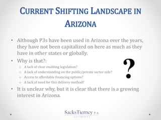 CURRENT SHIFTING LANDSCAPE IN
ARIZONA
• Although P3s have been used in Arizona over the years,
they have not been capitalized on here as much as they
have in other states or globally.
• Why is that?:
o A lack of clear enabling legislation?
o A lack of understanding on the public/private sector side?
o Access to affordable financing options?
o A lack of need for this delivery method?
• It is unclear why, but it is clear that there is a growing
interest in Arizona.
 