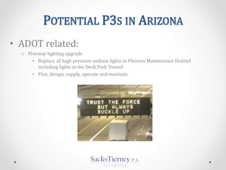 POTENTIAL P3S IN ARIZONA
• ADOT related:
o Freeway lighting upgrade
• Replace all high pressure sodium lights in Phoenix Maintenance District
including lights in the Deck Park Tunnel
• Plan, design, supply, operate and maintain
 