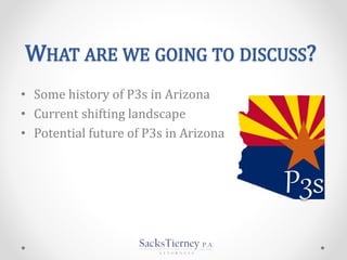 WHAT ARE WE GOING TO DISCUSS?
• Some history of P3s in Arizona
• Current shifting landscape
• Potential future of P3s in Arizona
P3s
 