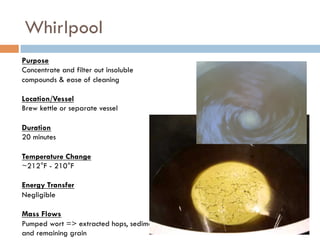 Whirlpool
Purpose
Concentrate and filter out insoluble
compounds & ease of cleaning
Location/Vessel
Brew kettle or separate vessel
Duration
20 minutes
Temperature Change
~212°F - 210°F
Energy Transfer
Negligible
Mass Flows
Pumped wort => extracted hops, sediment
and remaining grain
 