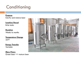 Conditioning
Purpose
Clarify and mature beer
Location/Vessel
Brite tanks
Duration
Weeks to months
Temperature Change
32°F
Energy Transfer
Variable
Mass Flows
Green beer => mature beer
 