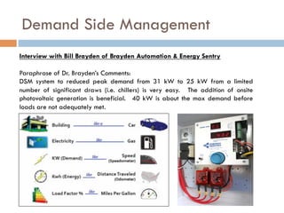 Demand Side Management
Interview with Bill Brayden of Brayden Automation & Energy Sentry
Paraphrase of Dr. Brayden’s Comments:
DSM system to reduced peak demand from 31 kW to 25 kW from a limited
number of significant draws (i.e. chillers) is very easy. The addition of onsite
photovoltaic generation is beneficial. 40 kW is about the max demand before
loads are not adequately met.
 