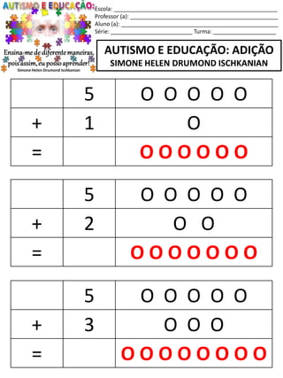 Escola: ____________________________________________________
Professor (a): _______________________________________________
Aluno (a): __________________________________________________
Série: __________________________ Turma: ____________________
AUTISMO E EDUCAÇÃO: ADIÇÃO
SIMONE HELEN DRUMOND ISCHKANIAN
5 O O O O O
+ 2 O O
= O O O O O O O
5 O O O O O
+ 3 O O O
= O O O O O O O O
5 O O O O O
+ 1 O
= O O O O O O
 