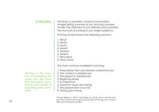 24
Pitching is a powerful, compact and positive
images-arising summary of you and your business
model. Pay attention to your listeners and customize
the structure according to you target audience.
8.PITCHING
Pitching should answer the following questions:
1. Why?
2. Who?
3. How?
4. What?
5. Where?
6. When?
7. Who else?
8. What next?
The most common minefields in pitching:
1. Presumption that your listeners understand you
2. The content is unbalanced
3. The speech is unbalanced
4. Beginning slowly
5. Incoherence
6. Important issues are missing
7. The presentation is too full
8. Timing goes wrong
Winning is the func-
tion of exceeding the
goals. You did know
that the master of pa-
tience is the master of
everything else, didn’t
you?
Source: Barrel, A., Gill, D. and Rigby, M. (2013). Show me the mon-
ey: How to find cash to get your business off the ground. London:
Elliot and Thompson Limited.
 