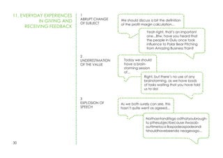 30
1
ABRUPT CHANGE
OF SUBJECT
2
UNDERESTIMATION
OF THE VALUE
3
EXPLOSION OF
SPEECH
We should discuss a bit the definition
of the profit margin calculation...
Yeah right, that’s an important
one...Btw, have you heard that
the people in Oulu once took
influence to Polar Bear Pitching
from Amazing Business Train?
Today we should
have a brain-
storming session
of...
Right, but there’s no use of any
brainstorming, as we have loads
of tasks waiting that you have told
us to do!
As we both surely can see, this
hasn’t quite went as agreed...
Noithasntanditisgo odthatyoubrough-
tu pthesubjectbecause itwasab-
outtimetoca llaspadeaspadeandi
tshouldhavebeendo neagesago...
11. EVERYDAY EXPERIENCES
IN GIVING AND
RECEIVING FEEDBACK
 