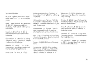 35
Successful Business
Drucker, P. (2004). Innovation and
Entrepreneurship: Practice and Prin-
ciples
Dyer, J., Gregersen, H. & Christensen,
C. (2011). The Innovator’s DNA:
Mastering the Five Skills of Disruptive
Innovators
Fayolle, A. & Redford, D. (2014).
Handbook on the Entrepreneurial
University
Govindarjan, V. & Trimble, C. (2010).
The Other Side of Innovation: Solving
the Execution Challenge
Harrison, R. & Leitch, C. (2011). En-
trepreneurial Learning: Conceptual
Frameworks and Applications
Lumsdaine, E. & Binks, M. (2009).
Entrepreneurship from Creativity to
Innovation: Thinking Skills for a Chang-
ing World
Osterwalder, A. & Pigneur, Y. (2010).
Business Model Generation: A Hand-
book for Visionaries, Game Changers
and Challengers
Osterwalder, A. & Pigneur, Y. (2012).
Business Model You: A One-page
Method for Reinventing Your Career
Ries, E. (2011). The Lean Startup: How
Constant Innovation Creates Radical-
ly Successful Businesses
Rogers, E. (2003). Diffusion of innova-
tions
Sarasvathy, S. (2008). Effectuation:
Elements of Entrepreneurial Expertise
(New Horizons in Entrepreneurship)
Sijde, P., Ridder, A., Baaluw, G. &
Diensberg, C. (2008). Teaching En-
trepreneurship: Cases for Education
and Training
Snyder, C. (2003). Paper Prototyping:
The Fast and Easy Way to Design and
Refine User Interface
Thiel, P. & Masters, B. (2014). Zero To
One: Notes on Start Ups, Or How to
Build the Future
Timmons, J. & Spinelli, S. (2004). New
Venture Creation, Entreprewneurship
for the 21 Century
Zacharakis, A., Spinelli, S. & Timmons,
J. (2011). Business Plans That Work: A
Guide for Small Business
 