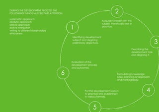 9
1
2
3
4
5
6
DURING THE DEVELOPMENT PROCESS THE
FOLLOWING THINGS MUST BE PAID ATTENTION:
systematic approach
analytic approach
critical approach
active interaction
writing to different stakeholders
ethicalness
Identifying development
subject and degining
preliminary objectives.
Acquaint oneself with the
subject theretically and in
practice.
Describing the
development task
and degining it.
Formulating knowledge
base, planning of approach
and methodology.
Put the development work in
to practice and publishing it
in various formats.
Evaluation of the
development process
and outcomes.
 