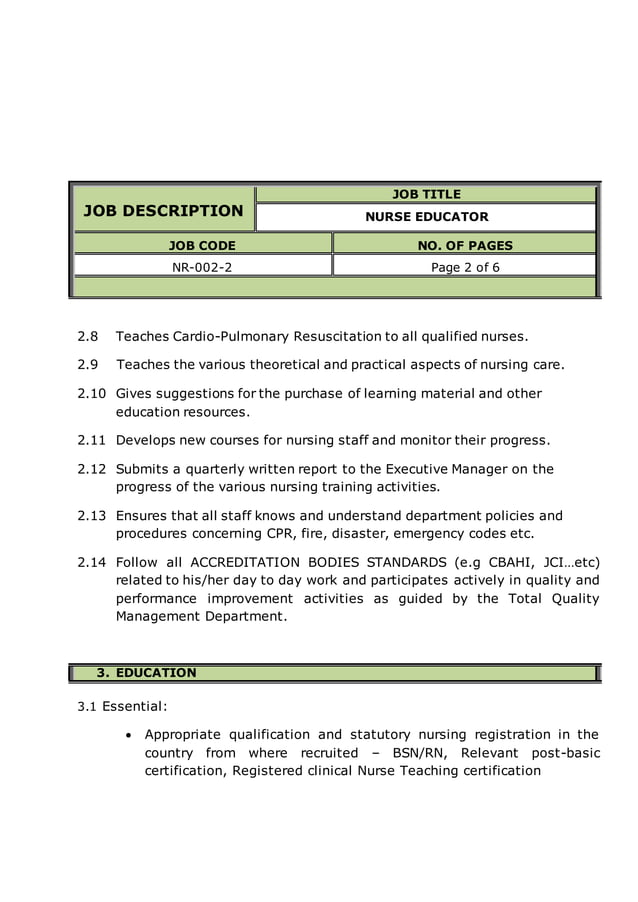 NURSE EDUCATOR job description PDF