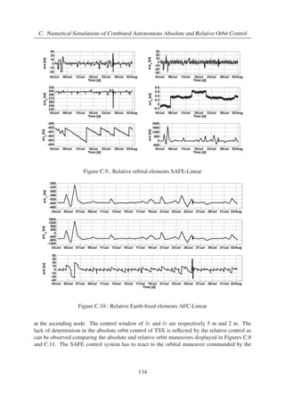4. Control Methods 
along the orbit as they have to change δu by means of semi-major axis increments (first row of 
Eq. (A.5)). Nevertheless the along-track maneuvers can be located [92] in order to be the most 
effective on the control of the relative eccentricity vector components δex and δey. Solving the 
second and third of the Gauss equations ˙ ǫ = B(κ)v in u and imposing that the effect of the 
velocity increment vT is decreasing the magnitude of δex and δey, the eccentricity vector can 
be passively controlled with a proper in-orbit location [44] of the along-track maneuver: 
uM = arctan 
 
δey 
δex 
 
+ kπ (4.43) 
k = 0 if (δexvT )  0 (4.44) 
k = 1 if (δexvT )  0 (4.45) 
In-plane/out-of-plane control with two inputs (vT, vN) and three outputs 
(δL, d(δL)/dt, δiy) 
In this case, the design of the system is finalized to control the relative Earth-fixed elements δL 
and δL' at the ascending node by means of along-track and cross-track velocity increments. At 
the ascending node δL and δL' are related each other by equation δL = k1δiy+k2δL' where 
k1 and k2 are the values displayed in Eqs. (2.31)-(2.33). The only chance of controlling at the 
same time δL and δL' is thus selecting δiy as one of the controlled outputs. The velocity 
increment vN to control δiy has to be placed at the orbit’s highest latitude (u = π/2) in order 
to maximize its effectiveness (fifth row of Eq. (A.5)). The execution of vT will be placed with 
the rule of Eq. (4.43). The system components are Ar and ǫr from Eq. (4.34) and 
Br = 
 
 
b1 0 
0 b2 
0 0 
 
 G = 
 
g1 g2 0 
0 0 gN 
 
(4.46) 
where b1 = 2/n, b2 = sin u/n are given by the first and fifth rows of matrix B (Eq. (A.5)) and 
the term of Br relating vN and δu has been omitted by design. The output y = Cǫr is 
aR 
 
 
δL 
d(δL) 
dt 
δiy 
 
 
= aR 
 
 
0 c12 c13 
c21 0 0 
0 1 0 
 
 
 
 
δa 
δiy 
δu 
 
 (4.47) 
where c12, c13 and c21 are the same as in Eq. (4.35). The system is controllable as the rank of 
the controllability matrix is 3. The characteristic polynomial of Ac = Ar − BrGC is 
|sI − Ac| = s3 + (b1g2c21 + b2gN − ar11)s2 + [b1g1(ar21c12 + ar31c13) + b2gN(b1g2c21 − ar11)]s 
+ar31c13b1b2g1gN = s3 + ˆa1s2 + ˆa2s + ˆa3 (4.48) 
ˆa1(g2, gN) = b1g2c21 + b2gN − ar11 (4.49) 
ˆa2(g1, g2, gN) = b1g1(ar21c12 + ar31c13) + b2gN(b1g2c21 − ar11 ) (4.50) 
ˆa3(g1, gN) = ar31c13b1b2g1gN (4.51) 
65 
 