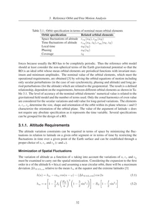 3. Reference Orbit and Free Motion Analysis 
Table 3.1.: Orbit specification in terms of nominal mean orbital elements 
Orbit specification Related orbital elements 
Space fluctuations of altitude exR(aR), eyR(aR) 
Time fluctuations of altitude exR(aR, iR), eyR(aR, iR) 
Local time aR(iR) 
Phasing aR(iR) 
Coverage iR 
forces because usually the RO has to be completely periodic. Thus the reference orbit model 
should at least consider the non-spherical terms of the Earth gravitational potential so that the 
RO is an ideal orbit whose mean orbital elements are periodical functions with invariant max-imum 
and minimum amplitudes. The nominal value of the orbital elements, which meet the 
operational requirements, are obtained [3] by solving the orbital equations of motion including 
only secular perturbations (in the case of sun synchronicity, phasing and altitude) and long pe-riod 
perturbations (for the altitude) which are related to the geopotential. The result is a defined 
relationship, dependent on the requirements, between different orbital elements as shown in Ta-ble 
3.1. The level of accuracy of the nominal orbital elements’ numerical value is related to the 
gravitational field model and the number of terms used. Only the zonal harmonics of even value 
are considered for the secular variations and odd value for long-period variations. The elements 
a, ex, ey determine the size, shape and orientation of the orbit within its plane whereas i and 
 
characterize the orientation of the orbital plane. The value of the argument of latitude u does 
not require any absolute specification as it represents the time variable. Several specifications 
can be grouped for the design of a RO. 
3.1.1. Altitude Requirements 
The altitude variation constraints can be required in terms of space by minimizing the fluc-tuations 
in relation to latitude on a given orbit segment or in terms of time by restricting the 
fluctuations in time over a given point of the Earth surface and can be established through a 
proper choice of a, ex and ey (e and ω). 
Minimization of Spatial Fluctuations 
The variation of altitude as a function of u taking into account the variations of a, ex and ey 
must be examined to carry out the spatial minimization. Considering the expansion to the first 
order in e of the altitude h = h(u,e) and assuming a near circular orbit, there will be a maximum 
deviation hMAXe=0 relative to the mean hm at the equator and the extreme latitudes [3] 
h(u) = hm − eam cos(u − ω) − (hMAX,e≈0) cos 2u (3.1) 
hm = a 
 
1 − 
3 
2 
J2 
 
RE 
a 
2  
1 − 
3 
2 
# 
− RE 
sin2 i 
 
1 − 
f 
2 
 
sin2 i 
(3.2) 
32 
 