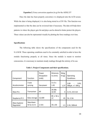 Equation 2. ​Force conversion equation (in g) for the ADXL337
Once the data has been properly converted, it is displayed onto the LCD screen.
While the data is being displayed, it is also being stored in a CSV file. This function was
implemented so that the data can be reviewed later if necessary. The data will help show
patterns in where the player gets hit and plays can be altered to better protect the players.
These values can also be represented visually by plotting the force readings over time.
Specifications
The following table shows the specifications of the components used for the
S.A.M.M. These operating conditions need to be constantly satisfied in order to have the
module functioning properly at all times. Since the module is meant to monitor
concussions, it is necessary to maintain steady readings through the entirety of its use.
Table 1. Project Components and their specifications.
Component Function
Power
Dissipation
(mW)
Dimensio
ns (mm)
Weig
ht (g) Operating
Conditions
Accelerometer
3-axis
sensing low power
3 x 3 x
1.45 1.27
1.8V - 3.6V,
300µA, +/- 200 g
Xbee Pro Transceiver 60
24.38x
32.94 4 3.3 V, 215 mA
Raspberry Pi 3 Data storage 12,500
85 x 56 x
17 45 5V, 2.5A
Xbee Explorer
Regulated
Step down
5V to 3.3 V 1-315 35 x 30 1.5 3.3V, 500mA
18
 