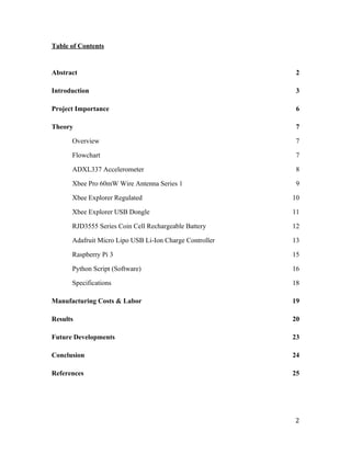 Table of Contents
Abstract 2
Introduction 3
Project Importance 6
Theory 7
Overview 7
Flowchart 7
ADXL337 Accelerometer 8
Xbee Pro 60mW Wire Antenna Series 1 9
Xbee Explorer Regulated 10
Xbee Explorer USB Dongle 11
RJD3555 Series Coin Cell Rechargeable Battery 12
Adafruit Micro Lipo USB Li-Ion Charge Controller 13
Raspberry Pi 3 15
Python Script (Software) 16
Specifications 18
Manufacturing Costs & Labor 19
Results 20
Future Developments 23
Conclusion 24
References 25
2
 