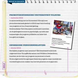 2012
Inzicht & evaluatie
Promotieonderzoek Universiteit Tilburg
> september 2012
In samenwerking met de Universiteit Tilburg is een
promotieonderzoek gestart in 2012 naar beïnvloeding
van jongeren en hun financieel gedrag.
Onderzoekster Terri Seuntjens combineert inzichten
uit de gedragseconomie en psychologie, op zoek naar
toepassingen die jongeren prikkelen om beter met
hun geld om te gaan.
onderzoek pensioenbeleving
> oktober 2012
Hoe kijken jongeren naar pensioen? Met kwalitatief onderzoek
uitgevoerd door YoungWorks samen met PGGM en Zwitserleven,
brachten we de visie van jongeren op pensioen in beeld.
Uit de uitgevoerde focusgroepen bleek dat jongeren maar moeilijk een
voorstelling kunnen maken van hoe het pensioen eruit gaat zien.
aug
sep
workshop
snoep & snacksDeze les is ontwikkeld doorstudenten Toegepaste Psychologievan Fontys Hogeschool.> 2012
18
 