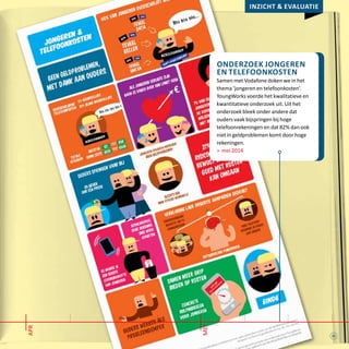 25
apr
Inzicht & evaluatie
onderzoek Jongeren
en Telefoonkosten
Samen met Vodafone doken we in het
thema ‘jongeren en telefoonkosten’.
YoungWorks voerde het kwalitatieve en
kwantitatieve onderzoek uit. Uit het
onderzoek bleek onder andere dat
ouders vaak bijspringen bij hoge
telefoonrekeningen en dat 82% dan ook
niet in geldproblemen komt door hoge
rekeningen.
> mei 2014
mei
 