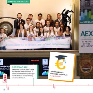 26
2014
aug
sep
Dialoog & interactie
gongslag Aex
In kader van Financial Literacy week
mocht WWJB de beurs openen. Zo
konden we meteen aandacht vragen
voor de start van de impactmeting
van een aantal lessen.
100.000e
bezoeker
Financieel studieplan> augustus 2014
 