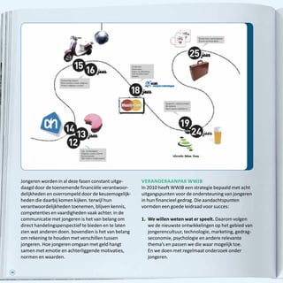 36
Jongeren worden in al deze fasen constant uitge-
daagd door de toenemende financiële verantwoor-
delijkheden en overrompeld door de keuzemogelijk-
heden die daarbij komen kijken. terwijl hun
verantwoordelijkheden toenemen, blijven kennis,
competenties en vaardigheden vaak achter. in de
communicatie met jongeren is het van belang om
direct handelingsperspectief te bieden en te laten
zien wat anderen doen. bovendien is het van belang
om rekening te houden met verschillen tussen
jongeren. Hoe jongeren omgaan met geld hangt
samen met emotie en achterliggende motivaties,
normen en waarden.
Veranderaanpak WWJB
In 2010 heeft WWJB een strategie bepaald met acht
uitgangspunten voor de ondersteuning van jongeren
in hun financieel gedrag. Die aandachtspunten
vormden een goede leidraad voor succes:
1.	We willen weten wat er speelt. Daarom volgen
we de nieuwste ontwikkelingen op het gebied van
jongerencultuur, technologie, marketing, gedrag-
seconomie, psychologie en andere relevante
thema’s en passen we die waar mogelijk toe.
En we doen met regelmaat onderzoek onder
jongeren.
 