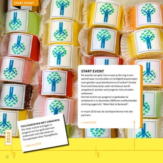 4
2010
febr
mrt
Start event
De waarde van geld, hoe ervaar je die nog in een
wereld waar muntstukken en briefgeld plaatsmaken
voor getallen op je beeldscherm of mobiel? Omdat
financieel bewustzijn vaak niet bewust wordt
aangeleerd, worden veel jongeren met schulden
volwassen.
Om het inzicht van jongeren in geldzaken te
verbeteren is in december 2009 een onafhankelijke
stichting opgericht: ‘Weet Wat Je Besteedt’.
In maart 2010 was de startbijeenkomst met alle
partners.
> maart 2010
start event
focusgroepen met jongeren
Om meer inzicht te krijgen in
jongeren en hun geld start een
onderzoek met interviews en
focusgroepen door YoungWorks.
> februari 2010
 