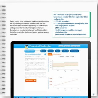 47
beter inzicht in de huidige en toekomstige inkomsten
en uitgaven zijn studenten beter in staat om hun
financiën in balans te houden en op de toekomst te
anticiperen. Hierdoor kunnen zij meer kansen
benutten en voorkomen zij onverwachte schulden.
Het plan helpt mbo studenten keuzes weloverwogen
te maken.
Het Financieel Studieplan werd vanaf
lancering in oktober 2012 tot september 2015
veel gebruikt:
•	 175.482 bezoekers
•	73.450 jongeren bekeken de begroting voor
een vergelijkbare student
(42% conversie)
•	43.346 jongeren maakten een eigen
studiebegroting
(49% conversie  kwart van de bezoekers)
 