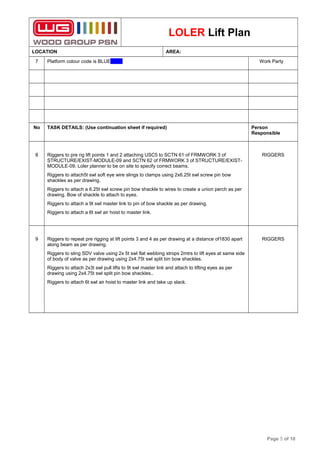 LOLER Lift Plan
LOCATION AREA:
7 Platform colour code is BLUE      Work Party
No TASK DETAILS: (Use continuation sheet if required) Person
Responsible
8 Riggers to pre rig lift points 1 and 2 attaching USC5 to SCTN 61 of FRMWORK 3 of
STRUCTURE/EXIST-MODULE-09 and SCTN 62 of FRMWORK 3 of STRUCTURE/EXIST-
MODULE-09. Loler planner to be on site to specify correct beams.
Riggers to attach5t swl soft eye wire slings to clamps using 2x6.25t swl screw pin bow
shackles as per drawing.
Riggers to attach a 6.25t swl screw pin bow shackle to wires to create a union perch as per
drawing. Bow of shackle to attach to eyes.
Riggers to attach a 9t swl master link to pin of bow shackle as per drawing.
Riggers to attach a 6t swl air hoist to master link.
RIGGERS
9 Riggers to repeat pre rigging at lift points 3 and 4 as per drawing at a distance of1830 apart
along beam as per drawing.
Riggers to sling SDV valve using 2x 5t swl flat webbing strops 2mtrs to lift eyes at same side
of body of valve as per drawing using 2x4.75t swl split bin bow shackles.
Riggers to attach 2x3t swl pull lifts to 9t swl master link and attach to lifting eyes as per
drawing using 2x4.75t swl split pin bow shackles..
Riggers to attach 6t swl air hoist to master link and take up slack.
RIGGERS
Page 5 of 10
 