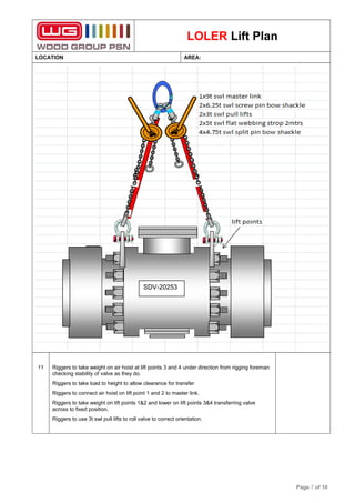 LOLER Lift Plan
LOCATION AREA:
11 Riggers to take weight on air hoist at lift points 3 and 4 under direction from rigging foreman
checking stability of valve as they do.
Riggers to take load to height to allow clearance for transfer
Riggers to connect air hoist on lift point 1 and 2 to master link.
Riggers to take weight on lift points 1&2 and lower on lift points 3&4 transferring valve
across to fixed position.
Riggers to use 3t swl pull lifts to roll valve to correct orientation.
Page 7 of 10
SDV-20253
 