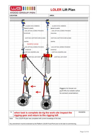 LOLER Lift Plan
LOCATION AREA:
14
when task is complete de-rig the work site inspect the
rigging gear and return to the rigging loft
RIGGERS
Note: This LOLER lift plan was completed with current knowledge of the task.
Any amendment must be endorsed by the Platform LOLER Focal Point prior to the task re-commencing.
Page 8 of 10
 
