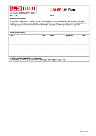 LOLER Lift Plan
LOCATION AREA:
Workforce Declaration :
All members of the workforce must read and sign this declaration indicating that they have read, understood and will
comply with the Risk Assessment and Lifting Plan. No deviations from the plan will take place without the approval of the
site lifting focal point, or by a competent person who has the required level of training and has been appointed.
Workforce Signatures
Name Date Name Signature Date
DE-BRIEF & LEARNING POINTS (if applicable)
(Did the lifting operation go as planned or are changes to the lift plan required?)
Page 9 of 10
 