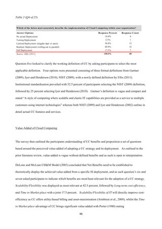 46	
  
	
  
Table 3 (Q4 of 25)
Question five looked to clarify the working definition of CC by asking participants to select the most
applicable definition. Four options were presented consisting of three formal definitions from Gartner
(2009), Iyer and Henderson (2010), NIST (2009), with a newly defined definition by Ellis (2011).
Institutional standardisation prevailed with 52.5 percent of participants selecting the NIST (2009) definition,
followed by 25 percent selecting Iyer and Henderson (2010). Gartner’s definition is vague and compact and
stated “A style of computing where scalable and elastic IT capabilities are provided as a service to multiple
customers using internet technologies” whereas both NIST (2009) and Iyer and Henderson (2002) outline in
detail actual CC features and services.
Value-Added of Cloud Computing
The survey then outlined the participants understanding of CC benefits and proposition a set of questions
based around the perceived value-added of adopting a CC strategy and its deployment. As outlined in the
prior literature review, value-added is vague without defined benefits and as such is open to interpretation.
DeLone and McLean UD&M Model (2003) concluded that Net Benefits need to be established to
theoretically display the achieved value-added from a specific IS deployment, and as such question’s six and
seven asked participants to indicate which benefits are most/least relevant for the adoption of a CC strategy.
Scalability/Flexibility was displayed as most relevant at 42.5 percent, followed by Long-term cost-efficiency,
and Time to Market-place with a joint 17.5 percent. Scalability/Flexibility of IT will directly improve cost-
efficiency as CC offers utility-based billing and asset-maximisation (Armbrust et al., 2009), whilst the Time
to Market-place advantage of CC brings significant value-added with Porter (1980) stating
Response Percent Response Count
10.0% 4
2.5% 1
30.0% 12
40.0% 16
17.5% 7
Source: Ellis (2011) 100.0% 40
Full Deployment
Testing Deployment
Which of the below most accurately describe the implementation of Cloud Computing within your organisation?
Resilient Deployment (rolling-out in parallel)
No actual Deployment
Limited Deployment (singular dept or users)
Answer Options
 