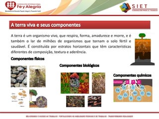 MELHORANDO O ACESSO AO TRABALHO - FORTALECENDO AS HABILIDADES PESSOAIS E DE TRABALHO - TRANSFORMANDO REALIDADES
A terra é um organismo vivo, que respira, forma, amadurece e morre, e é
também o lar de milhões de organismos que tornam o solo fértil e
saudável. É constituída por estratos horizontais que têm características
diferentes de composição, textura e aderência.
 