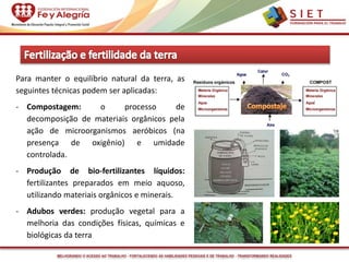 MELHORANDO O ACESSO AO TRABALHO - FORTALECENDO AS HABILIDADES PESSOAIS E DE TRABALHO - TRANSFORMANDO REALIDADES
Para manter o equilíbrio natural da terra, as
seguintes técnicas podem ser aplicadas:
- Compostagem: o processo de
decomposição de materiais orgânicos pela
ação de microorganismos aeróbicos (na
presença de oxigênio) e umidade
controlada.
- Produção de bio-fertilizantes líquidos:
fertilizantes preparados em meio aquoso,
utilizando materiais orgânicos e minerais.
- Adubos verdes: produção vegetal para a
melhoria das condições físicas, químicas e
biológicas da terra
 