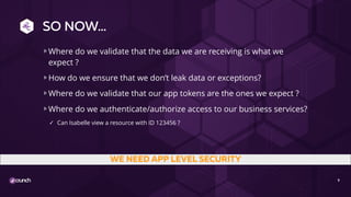SO NOW…
Where do we validate that the data we are receiving is what we
expect ?
How do we ensure that we don’t leak data or exceptions?
Where do we validate that our app tokens are the ones we expect ?
Where do we authenticate/authorize access to our business services?
✓ Can Isabelle view a resource with ID 123456 ?
9
WE NEED APP LEVEL SECURITY
 