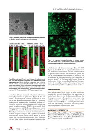 Figure 7 Neural stem cells cultured on the engineered tissue graft show-ing 
abundant neurite formation and neuronal morphology. 
Cytokines TGFb/TNFa MMPs Cell adhesion Collagen PI3K 
PS ETG PS ETG PS ETG PS ETG PS ETG PS ETG 
Figure 8 Data analysis of Affymetrix Gene Chip arrays for pediatric derived 
brain tumor stem cells grown on engineered tissue graftmatrix-like surface 
or polystyrene dish. The cells were grown on engineered tissue graft (ETG) 
matrix-like surface or polystyrene dish (PS) for 7 d for gene chip array analysis 
showing gene clusters on different functional group of signaling pathways. Notice 
that red color represents the highest expression, green color for medium expres-sion, 
and black for lowest expression. MMPs: Matrix-remodeling matrix metallo-proteinases; 
TNF: Tumor necrosis factors; TGF: Transforming growth factor. 
lar markers different from cells cultured on polystyrene 
plates (PS) as shown in gene arrays (Figure 8). We can 
obtain a morphologically uniform population of stem 
cells in an ETG microenvironment (Figure 9). Optimizing 
the chemokine responsiveness (chemokine receptors ex-pressed 
by stem cells) and upregulating matrix-remodeling 
matrix metalloproteinases (MMPs) are essential: Both 
chemokine receptor and MMPs are well expressed in cells 
with ETG but not with Petri dish culture system[7]. Ad-ditionally, 
to overcome the problem of immune response, 
we have designed autologous iPSCs (induced pluripotent 
stem cells) for certain patient tumors (Figure 3), a dual 
system that can mutually promote each other for better 
efficacy. These trained stem cells can act as an autopilot 
Li SC et al . Stem cells for treating brain tumors 
× 20 
× 40 
Figure 9 An engineered tissue graft is used as the designer matrix to 
train stem cells to target a specific tumor as shown for production of a 
morphologically homogeneous population of stem cells. 
vehicle that is self-driven to its target (Li et al[7], 2008, 
Figure 5). This ETG can be engineered to mimic the in 
vivo fluidic microenvironment with the continuous flow 
of physicochemical buffer, the microfluidic system that 
can be coupled with real-time imaging for analysis of cell 
development as the quality control (QC) as detailed in 
a recent report[57]. In the future, a QC system should be 
implemented for the structural and functional character-ization 
of stem cell production before using for transplan-tation. 
This ETG could be scaled for automatic studies. 
CONCLUSION 
Stem cell therapies of brain tumors are being investigated 
preclinically; however, little efficacy has been found in 
clinical trials. We reviewed the literature and found that 
heterogeneous stem cell populations were made using 
artificial matrices, a roadblock to achieve consistent effi-cacy. 
We provide an ETG as a uniform platform to train 
stem cells for attacking tumor cells, which may address 
the discrepancies of current clinical trials. 
ACKNOWLEDGMENTS 
We thank Maria Minon, MD; Saul Puszkin, PhD; Michael 
P Lisanti, MD-PhD; Richard G Pestell, MD-PhD; Joan S 
Brugge, PhD; Robert A Koch, PhD; Philip H Schwartz, 
PhD; for their support and enthusiasm. 
WJSC|www.wjgnet.com 437 September 26, 2014|Volume 6|Issue 4| 
 