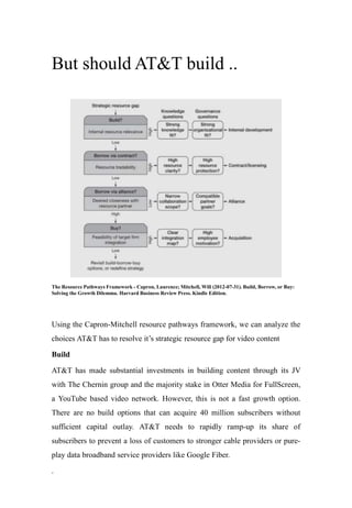 But should AT&T build ..
Using the Capron-Mitchell resource pathways framework, we can analyze the
choices AT&T has to resolve it’s strategic resource gap for video content
Build
AT&T has made substantial investments in building content through its JV
with The Chernin group and the majority stake in Otter Media for FullScreen,
a YouTube based video network. However, this is not a fast growth option.
There are no build options that can acquire 40 million subscribers without
sufficient capital outlay. AT&T needs to rapidly ramp-up its share of
subscribers to prevent a loss of customers to stronger cable providers or pure-
play data broadband service providers like Google Fiber.
.
The Resource Pathways Framework - Capron, Laurence; Mitchell, Will (2012-07-31). Build, Borrow, or Buy:
Solving the Growth Dilemma. Harvard Business Review Press. Kindle Edition.
 