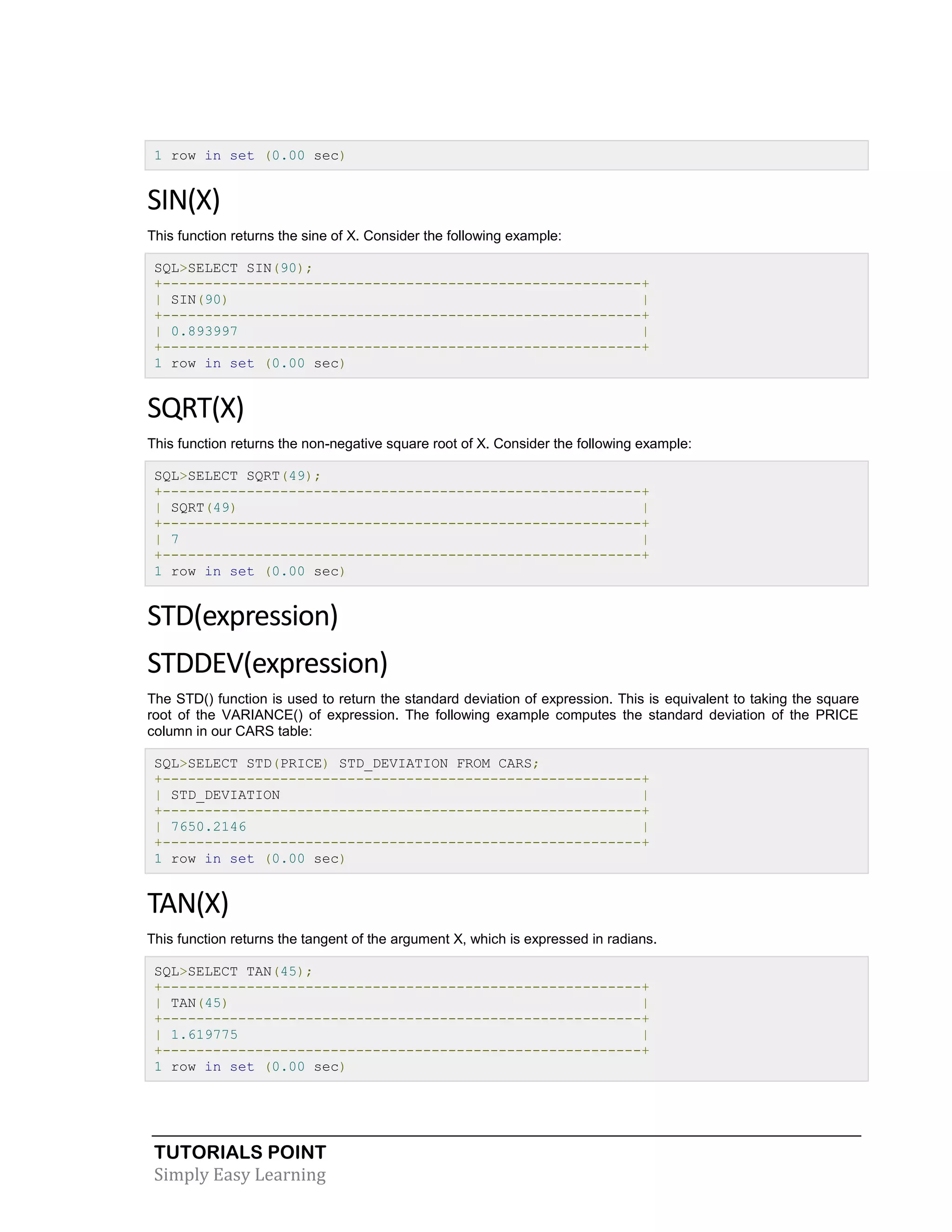 TUTORIALS POINT
Simply Easy Learning
1 row in set (0.00 sec)
SIN(X)
This function returns the sine of X. Consider the following example:
SQL>SELECT SIN(90);
+---------------------------------------------------------+
| SIN(90) |
+---------------------------------------------------------+
| 0.893997 |
+---------------------------------------------------------+
1 row in set (0.00 sec)
SQRT(X)
This function returns the non-negative square root of X. Consider the following example:
SQL>SELECT SQRT(49);
+---------------------------------------------------------+
| SQRT(49) |
+---------------------------------------------------------+
| 7 |
+---------------------------------------------------------+
1 row in set (0.00 sec)
STD(expression)
STDDEV(expression)
The STD() function is used to return the standard deviation of expression. This is equivalent to taking the square
root of the VARIANCE() of expression. The following example computes the standard deviation of the PRICE
column in our CARS table:
SQL>SELECT STD(PRICE) STD_DEVIATION FROM CARS;
+---------------------------------------------------------+
| STD_DEVIATION |
+---------------------------------------------------------+
| 7650.2146 |
+---------------------------------------------------------+
1 row in set (0.00 sec)
TAN(X)
This function returns the tangent of the argument X, which is expressed in radians.
SQL>SELECT TAN(45);
+---------------------------------------------------------+
| TAN(45) |
+---------------------------------------------------------+
| 1.619775 |
+---------------------------------------------------------+
1 row in set (0.00 sec)
 