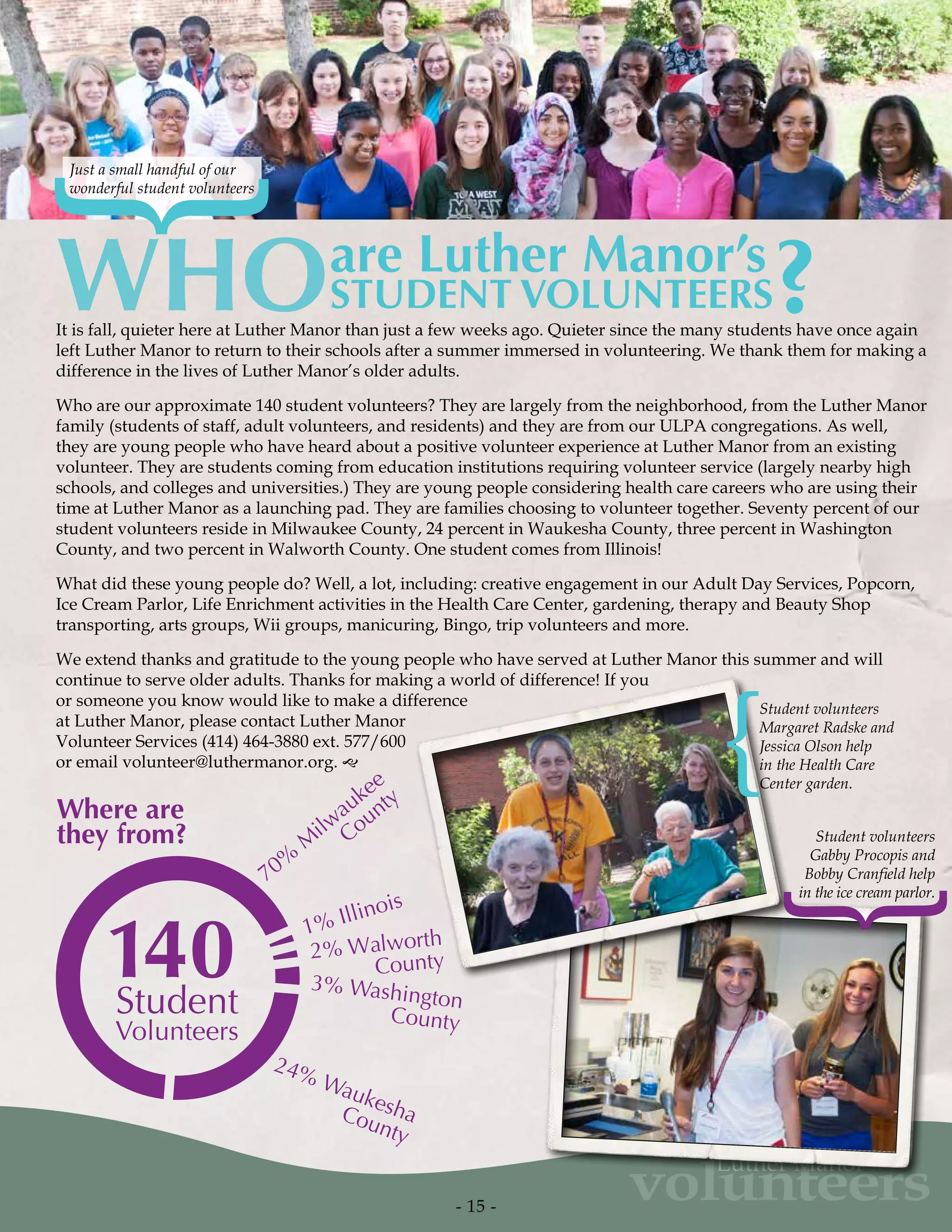 70%
M
ilwaukee
County
24% WaukeshaCounty
1% Illinois
2% Walworth
County
3% Washington
County
Student
Volunteers
WHO
140
Where are
they from?
- 15 -
volunteers
Luther Manor
{Just a small handful of our
wonderful student volunteers
Student volunteers
Margaret Radske and
Jessica Olson help
in the Health Care
Center garden.
Student volunteers
Gabby Procopis and
Bobby Cranfield help
in the ice cream parlor.
{
{
It is fall, quieter here at Luther Manor than just a few weeks ago. Quieter since the many students have once again
left Luther Manor to return to their schools after a summer immersed in volunteering. We thank them for making a
difference in the lives of Luther Manor’s older adults.
Who are our approximate 140 student volunteers? They are largely from the neighborhood, from the Luther Manor
family (students of staff, adult volunteers, and residents) and they are from our ULPA congregations. As well,
they are young people who have heard about a positive volunteer experience at Luther Manor from an existing
volunteer. They are students coming from education institutions requiring volunteer service (largely nearby high
schools, and colleges and universities.) They are young people considering health care careers who are using their
time at Luther Manor as a launching pad. They are families choosing to volunteer together. Seventy percent of our
student volunteers reside in Milwaukee County, 24 percent in Waukesha County, three percent in Washington
County, and two percent in Walworth County. One student comes from Illinois!
What did these young people do? Well, a lot, including: creative engagement in our Adult Day Services, Popcorn,
Ice Cream Parlor, Life Enrichment activities in the Health Care Center, gardening, therapy and Beauty Shop
transporting, arts groups, Wii groups, manicuring, Bingo, trip volunteers and more.
We extend thanks and gratitude to the young people who have served at Luther Manor this summer and will
continue to serve older adults. Thanks for making a world of difference! If you
or someone you know would like to make a difference
at Luther Manor, please contact Luther Manor
Volunteer Services (414) 464-3880 ext. 577/600
or email volunteer@luthermanor.org. g
 