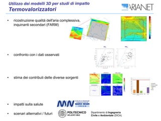 • ricostruzione qualità dell'aria complessiva,
inquinanti secondari (FARM)
• confronto con i dati osservati
• stima dei contributi delle diverse sorgenti
• impatti sulla salute
• scenari alternativi / futuri Dipartimento di Ingegneria
Civile e Ambientale (DICA)
 