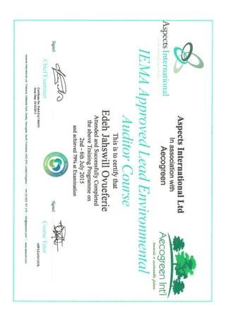 Environmental Lead Auditor (1SO 14001) Certificate