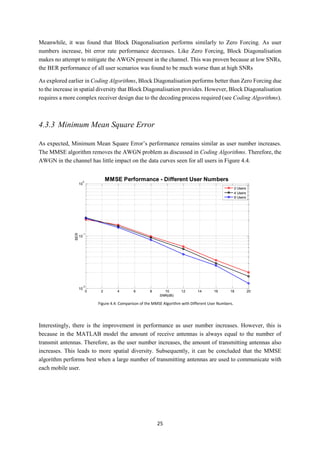 25
Meanwhile, it was found that Block Diagonalisation performs similarly to Zero Forcing. As user
numbers increase, bit error rate performance decreases. Like Zero Forcing, Block Diagonalisation
makes no attempt to mitigate the AWGN present in the channel. This was proven because at low SNRs,
the BER performance of all user scenarios was found to be much worse than at high SNRs
As explored earlier in Coding Algorithms, Block Diagonalisation performs better than Zero Forcing due
to the increase in spatial diversity that Block Diagonalisation provides. However, Block Diagonalisation
requires a more complex receiver design due to the decoding process required (see Coding Algorithms).
4.3.3 Minimum Mean Square Error
As expected, Minimum Mean Square Error’s performance remains similar as user number increases.
The MMSE algorithm removes the AWGN problem as discussed in Coding Algorithms. Therefore, the
AWGN in the channel has little impact on the data curves seen for all users in Figure 4.4.
Interestingly, there is the improvement in performance as user number increases. However, this is
because in the MATLAB model the amount of receive antennas is always equal to the number of
transmit antennas. Therefore, as the user number increases, the amount of transmitting antennas also
increases. This leads to more spatial diversity. Subsequently, it can be concluded that the MMSE
algorithm performs best when a large number of transmitting antennas are used to communicate with
each mobile user.
0 2 4 6 8 10 12 14 16 18 20
10
-2
10
-1
10
0
SNR(dB)
BER
MMSE Performance - Different User Numbers
2 Users
4 Users
8 Users
Figure 4.4: Comparison of the MMSE Algorithm with Different User Numbers.
 