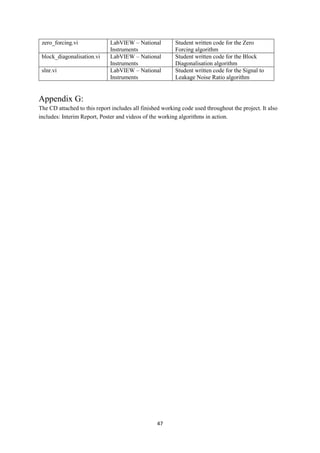 47
zero_forcing.vi LabVIEW – National
Instruments
Student written code for the Zero
Forcing algorithm
block_diagonalisation.vi LabVIEW – National
Instruments
Student written code for the Block
Diagonalisation algorithm
slnr.vi LabVIEW – National
Instruments
Student written code for the Signal to
Leakage Noise Ratio algorithm
Appendix G:
The CD attached to this report includes all finished working code used throughout the project. It also
includes: Interim Report, Poster and videos of the working algorithms in action.
 