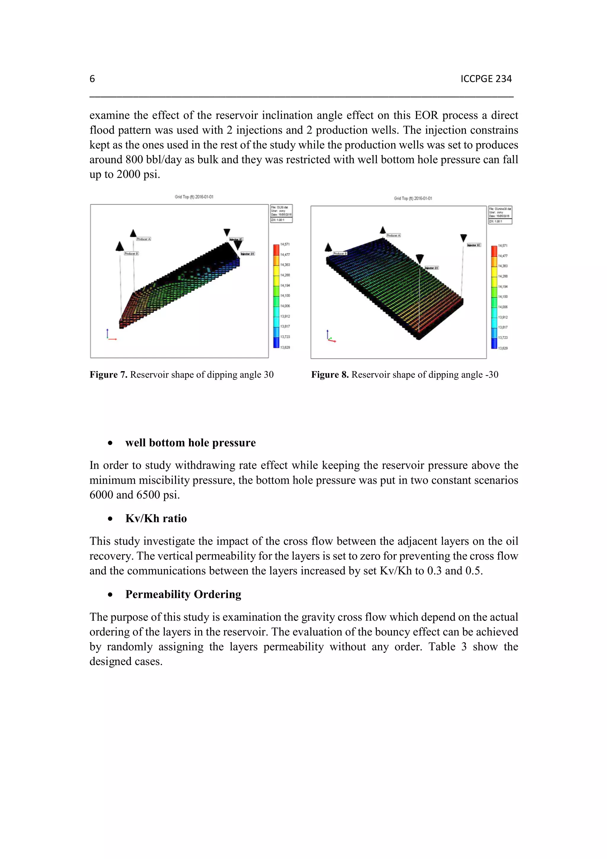 6 ICCPGE 234
______________________________________________________________________________
examine the effect of the reservoir inclination angle effect on this EOR process a direct
flood pattern was used with 2 injections and 2 production wells. The injection constrains
kept as the ones used in the rest of the study while the production wells was set to produces
around 800 bbl/day as bulk and they was restricted with well bottom hole pressure can fall
up to 2000 psi.
Figure 7. Reservoir shape of dipping angle 30 Figure 8. Reservoir shape of dipping angle -30
• well bottom hole pressure
In order to study withdrawing rate effect while keeping the reservoir pressure above the
minimum miscibility pressure, the bottom hole pressure was put in two constant scenarios
6000 and 6500 psi.
• Kv/Kh ratio
This study investigate the impact of the cross flow between the adjacent layers on the oil
recovery. The vertical permeability for the layers is set to zero for preventing the cross flow
and the communications between the layers increased by set Kv/Kh to 0.3 and 0.5.
• Permeability Ordering
The purpose of this study is examination the gravity cross flow which depend on the actual
ordering of the layers in the reservoir. The evaluation of the bouncy effect can be achieved
by randomly assigning the layers permeability without any order. Table 3 show the
designed cases.
 